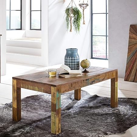 FineBuy Couchtisch Kalkutta 110 x 47 x 60 cm | Massivholz Wohnzimmertisch Rechteckig | Sofatisch Shabby-Chic Massiv | Beistel