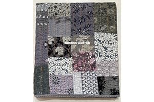 SAMBHAV QUILT HUB Embrodiery Beautiful Handmade Vintage Silk Sari Jari Patchwork Khambhadiya Kantha Quilting Kantha Quilt Reversible Bed Cover Assoted Kantha Quilt Throw Blanket/Twin/Queen/King (Grey, 60X90 inches)