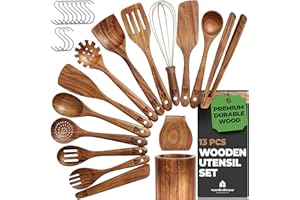 Wooden Spoons for Cooking 13 Pcs – Sturdy & Easy to Clean, Natural Teak Wooden Utensil Set – Non-Scratch Wood Kitchen Utensil
