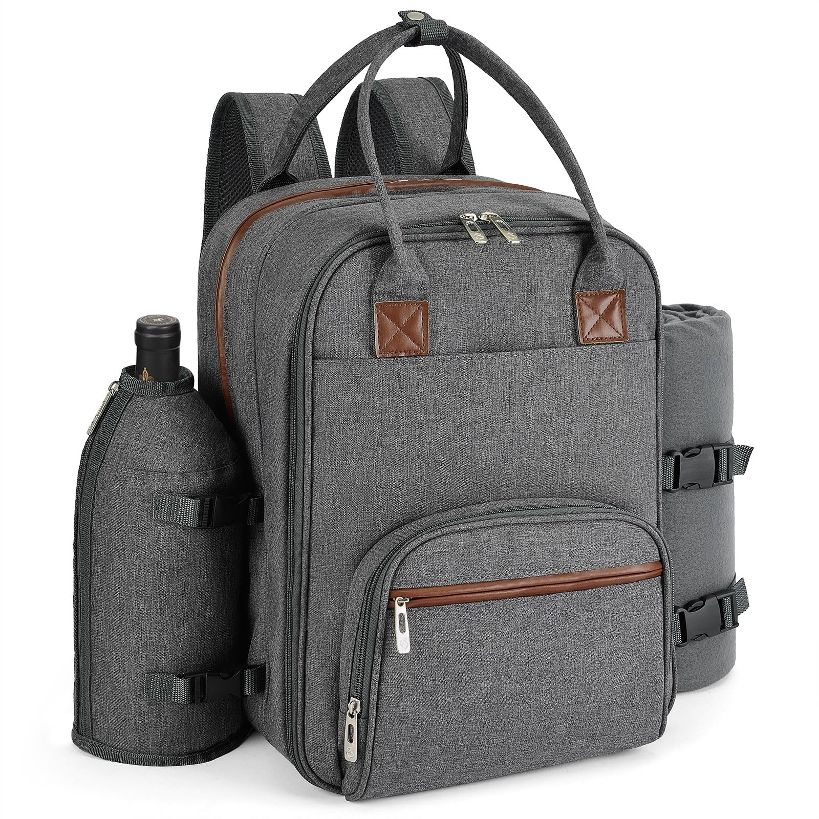 Photo 1 of ALLCAMP OUTDOOR GEAR Picnic Backpack for 2 Person W/ Detachable Bottle/Wine Holder, Fleece Blanket, Plates and Cutlery Set (Grey)