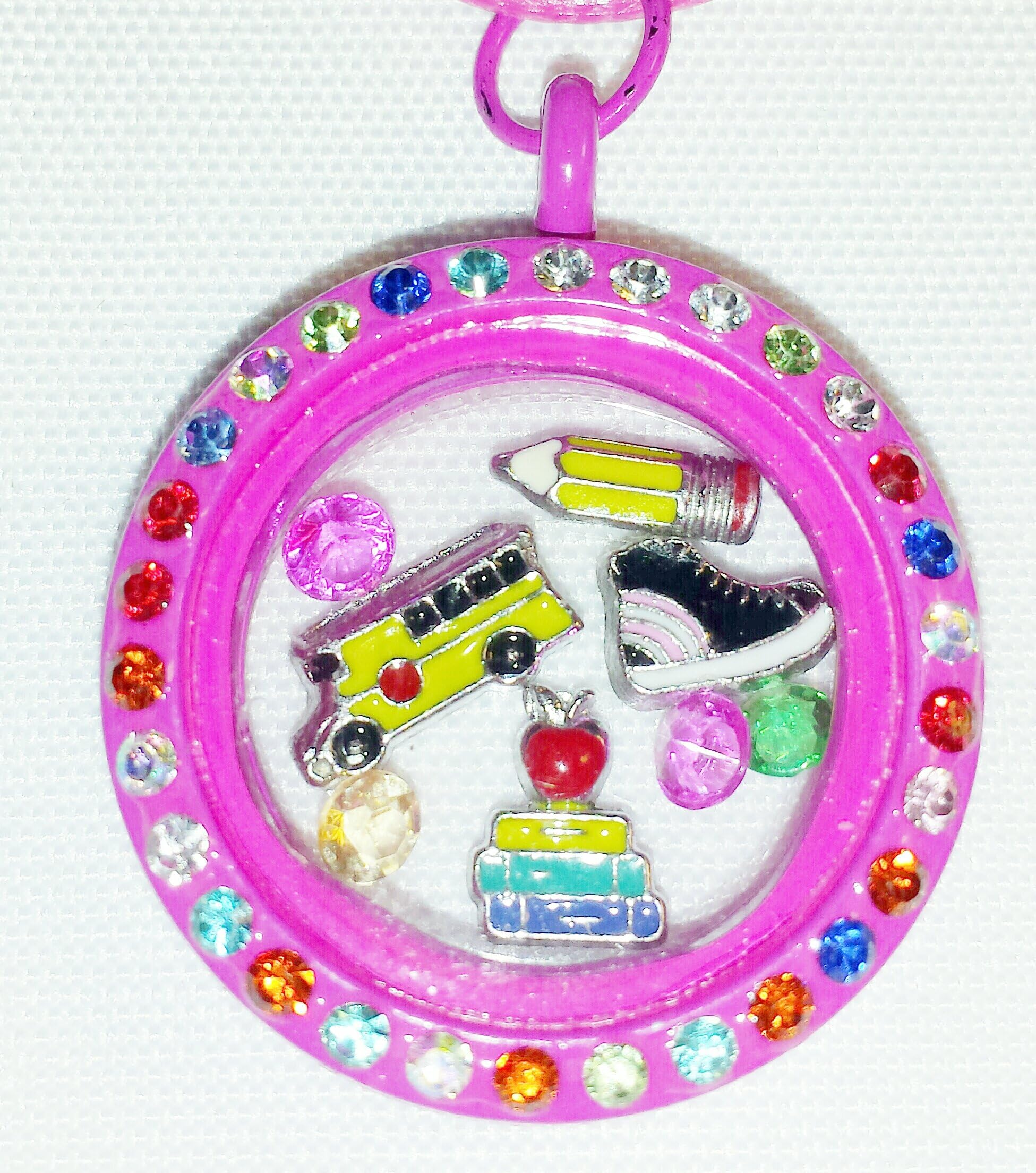 Keepsake Memories Hot Pink Floating Glass Memory Locket with School Theme Charms