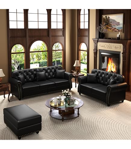 Amazon.com: 2-Piece Faux Leather Chesterfield Sofa Living Room Set