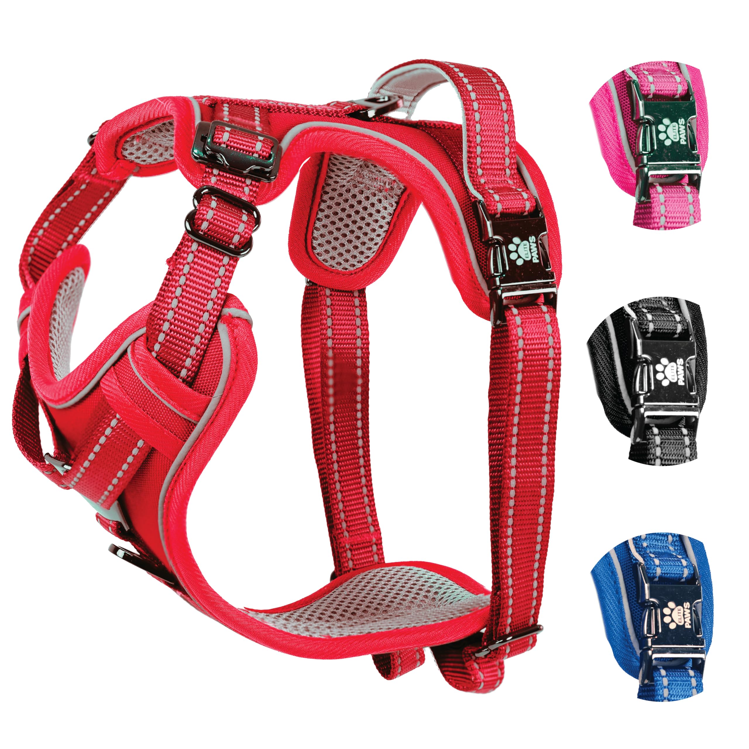 Elite Paws® UK: Premium Metal Buckle Dog Harness, Strong, Safe, Padded, Comfortable, Adjustable, Reflective, Front/Back Lead Attachments, Soft Handle, Pet Walking Vest/Training Product (Red, Large)