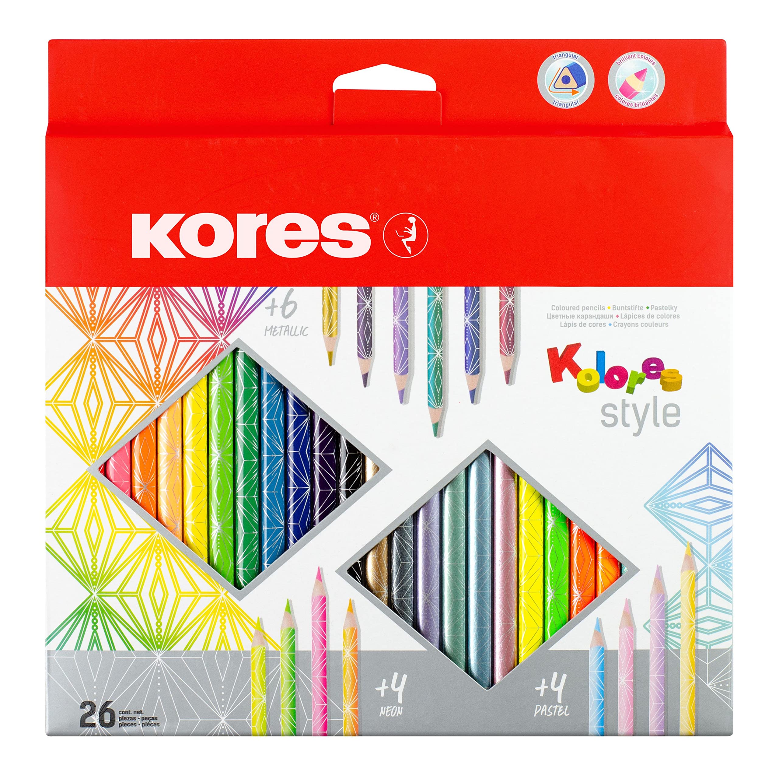 Kores - Kolores Style - 26 Triangular Shape Colouring Pencils - Metallic and Neon - Coloured Pencils with Soft Lead, Triangular Shape - Back to School Supplies - 26 Assorted Colours in Carton Case