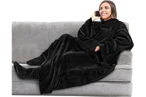 PAVILIA Fleece Blanket with Sleeves, Foot Pockets for Women Men Adults, Plush Wearable Blanket Throw Wrap, Warm Snuggle Blanket Robe, Cozy Gift Ideas Wife Mom, Black