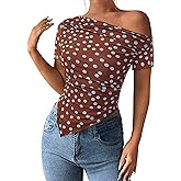 PRETTYGARDEN Womens Summer Off The Shoulder Tops 2026 Spring Short Sleeve Mesh Tie Dye Shirt Ruched Asymmetrical Y2k Clothes