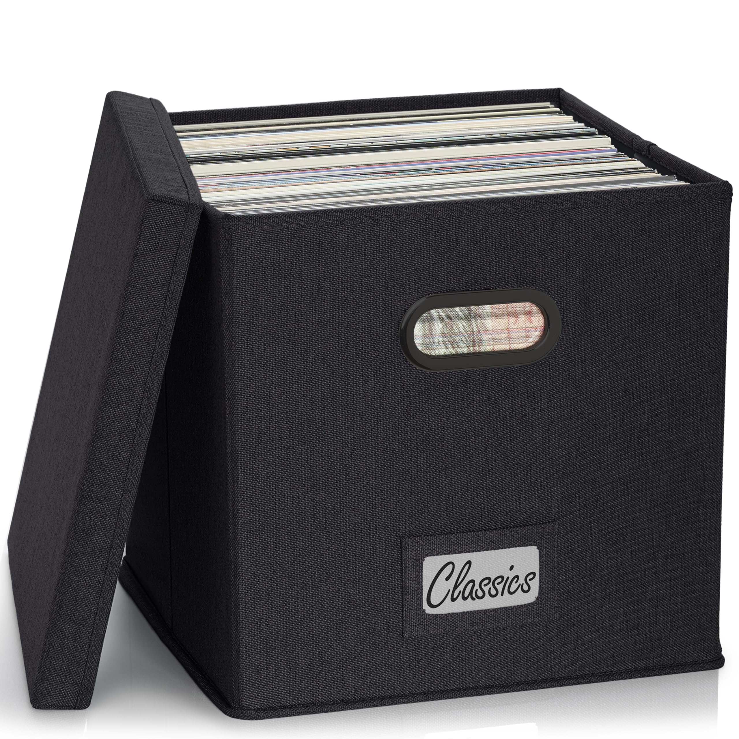 Photo 1 of ZICOTO Decorative Vinyl Record Storage Box for 50+ Single Records - Sturdy and Easy to Carry LP Holder with Lid - The Perfect Storage Crate for Your Valuable Album Collection
