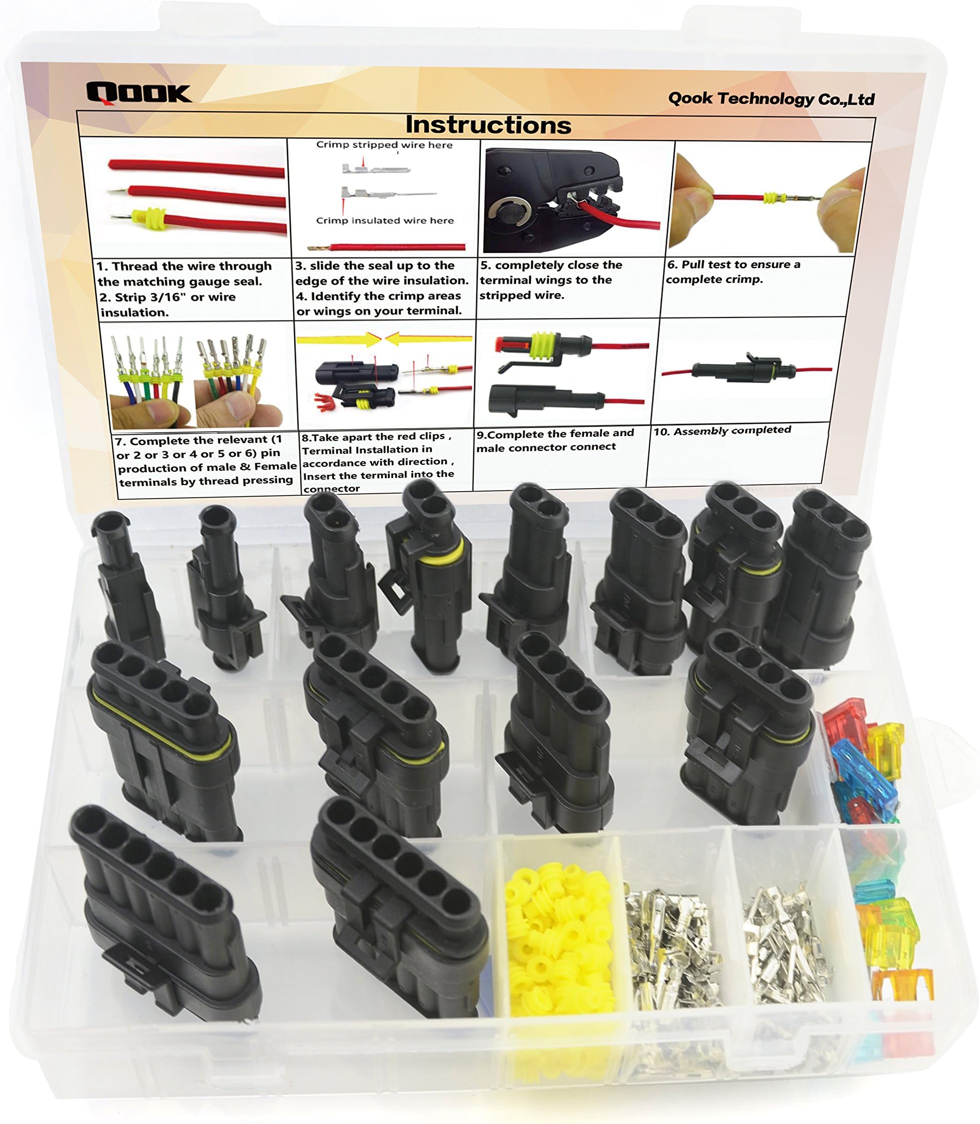 14 Set Car Waterproof Electrical Connector Plug Terminals Heat Shrink 1/2/3/4/5/6 Pin Way with 24Pcs Fuses, Clear Box