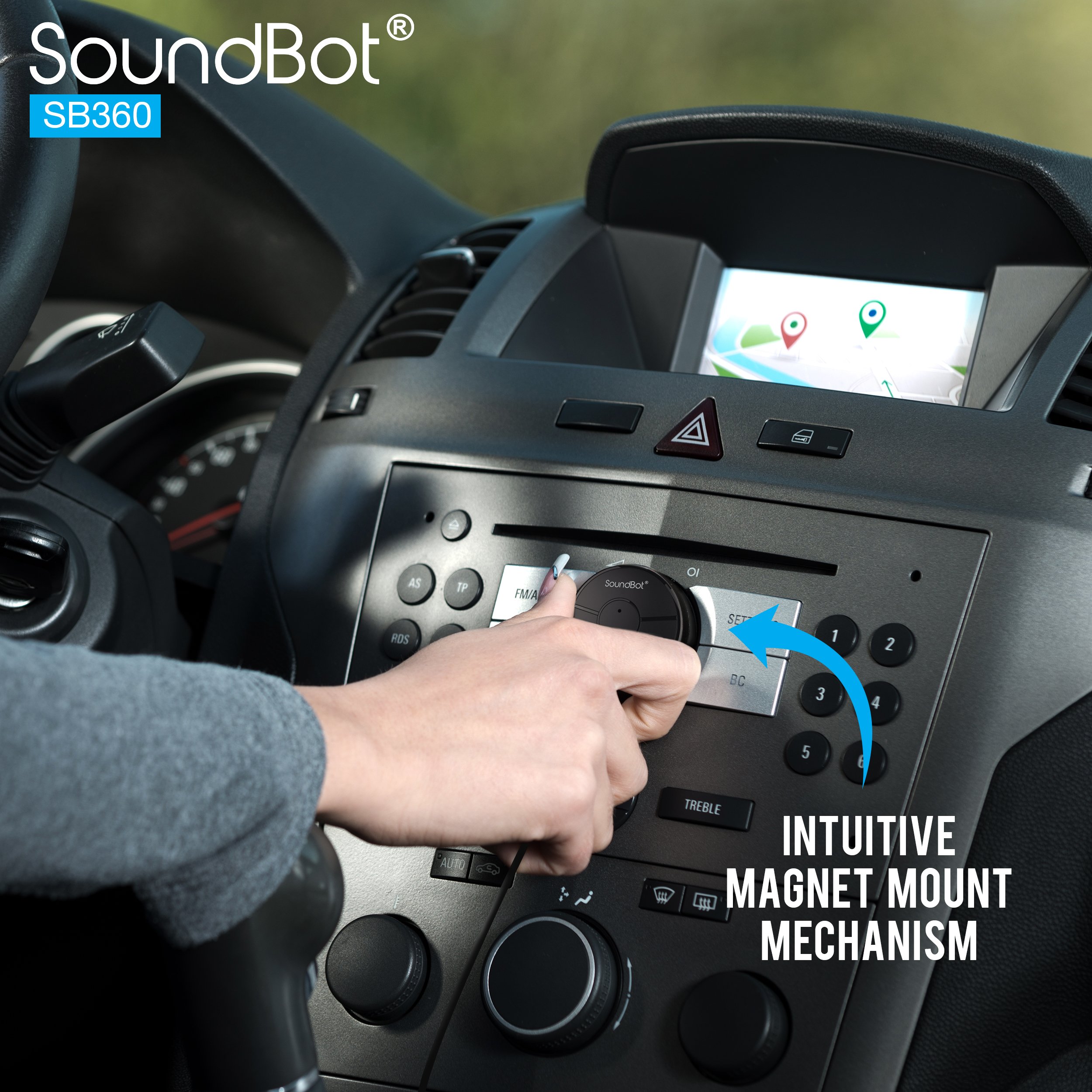 SoundBot SB360 Bluetooth Car Kit Wireless Universal Receiver Transmitter Hands-Free Talking & Music Streaming Dongle w/ 10W Dual Port 2.1A USB Charger + Magnetic Mounts + Built-in 3.5mm Aux Cable