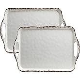 LEHAHA Vintage White Large Serving Tray with Handles, 17.25x12 inch, Set of 2 Melamine Platters for Serving Food, Turkey, Cookie, Rectangular Trays for Eating, Crackled Finish with Rustic Raised Rim.
