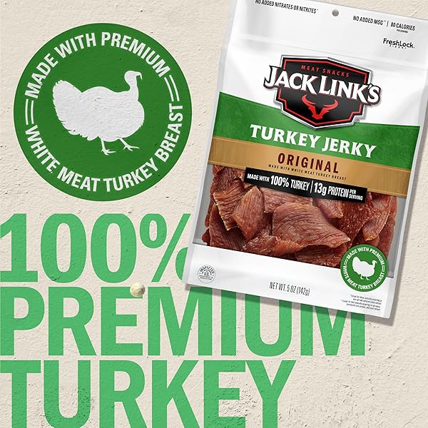 JACK LINK’S TURKEY JERKY, ORIGINAL, JERKY BAG – FLAVORFUL SNACK, READY TO EAT PROTEIN SNACKS WITH 13G OF PROTEIN PER SERVING, MADE WITH 100% TURKEY, KETO FRIENDLY – 5 OZ.