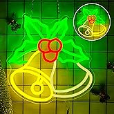 hhuohuona Christmas Bells Neon Signs for Wall Decor Dimmable Neon Christmas Sign Flashing Bell with Holly Led Sign Xmas Light Up Sign Led Window Lights for Home Party