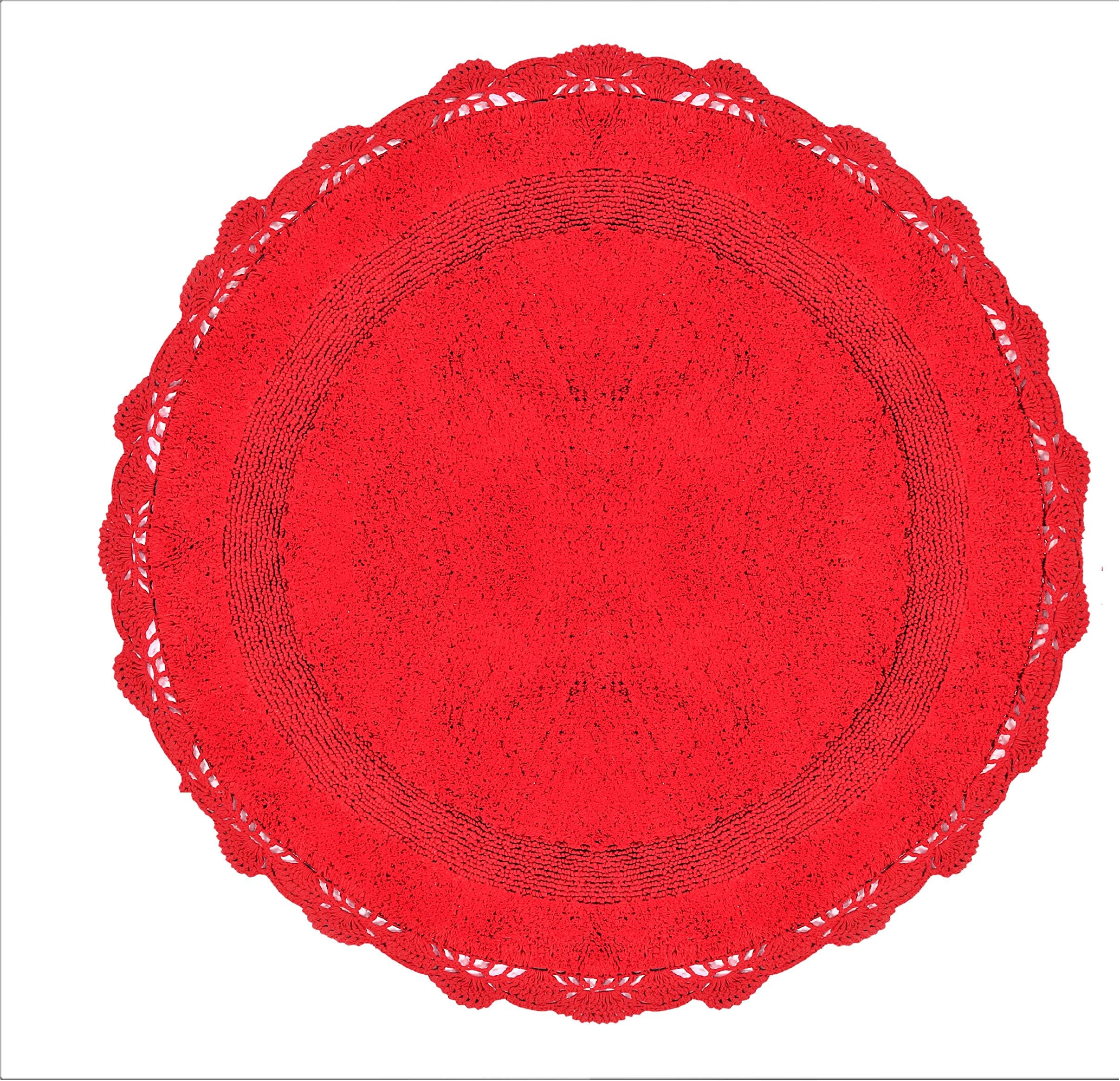 WARISI - Crochet Collection - Designer, Plush 100% Cotton Round, Oval Bath Area Rug (40 inches, Fiery Red)