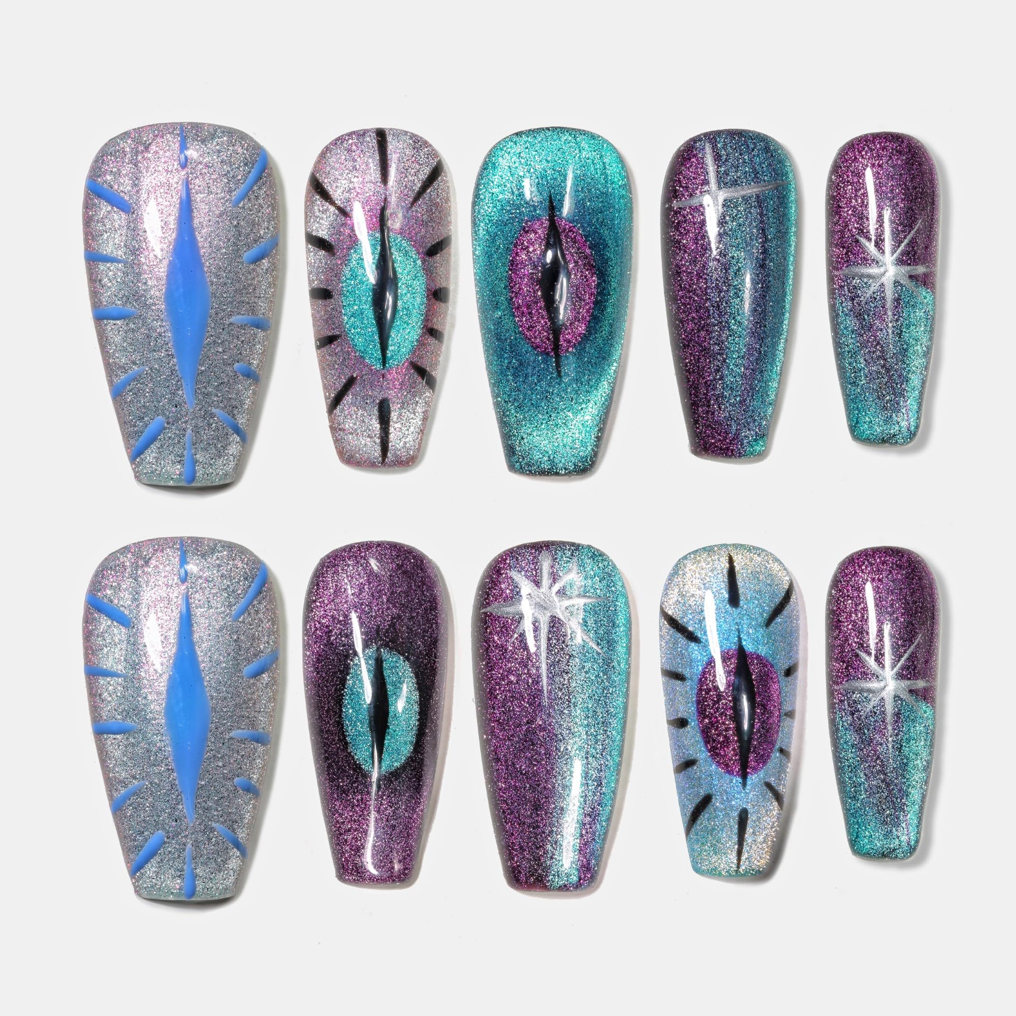 Sun&Beam Nails Handmade Press-on Medium Long Coffin Ballerina Purple Silver Blue Hand-painted Magnet Cool Design Fashionable False Nail Tips 10 Pcs Set (#144 M? — image 1