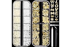 RODAKY 2 Boxes Gold Nail Charms and Flatback Pearls,Bow Charms for Nails Design Letter Heart Mixed Metal Studs Nail Gems Charms,White & Beige Half Pearl for Nail Jewelry DIY Nail Art Decor