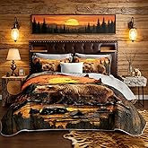 UEVBF Rustic Farmhouse Cabin Lodge Stripe Quilted Sets,Wildlife Brown Bear King Size Quilts for Bed,Outdoor Forest Sunset Pattern Bedding Sets with 2 Pillowcases.