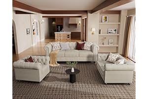Morden Fort 3 Piece Classic Chesterfield 6-Seater Set, Tufted Chair & Loveseat & Sofa Solid Wood Legs Thick Cushion, Pet-Friendly Couch Set Furniture for Living Room Bedroom Apartment, Linen Beige