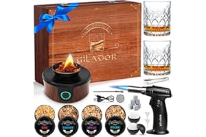 Electric Whiskey Smoker Kit, Luxurious Wooden Box, Whiskey Gifts for Men, with Torch, 4 Wood Chips, Ice Molds, Recipe, Stones