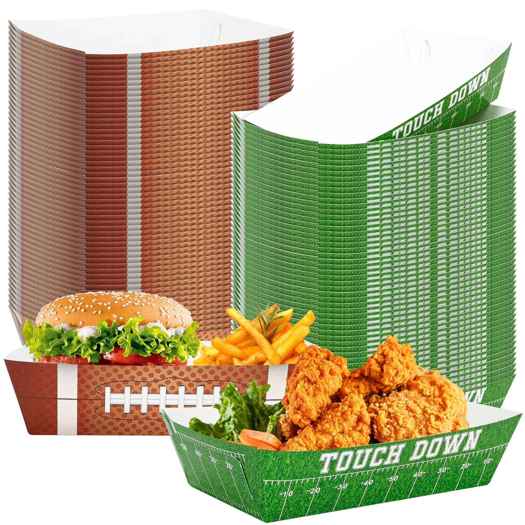 Photo 1 of Helimoto 100 PCS Football Party Supplies, Football Paper Food Tray, Large Disposable Snack Tray, Party Snacks Serving Trays for Hamburg Taco Fries Hot Dog Touchdown Favors