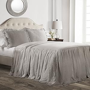 Lush Décor Ruffle Skirt Bedspread Gray Shabby Chic Farmhouse Style Lightweight 3 Piece Set, Full,