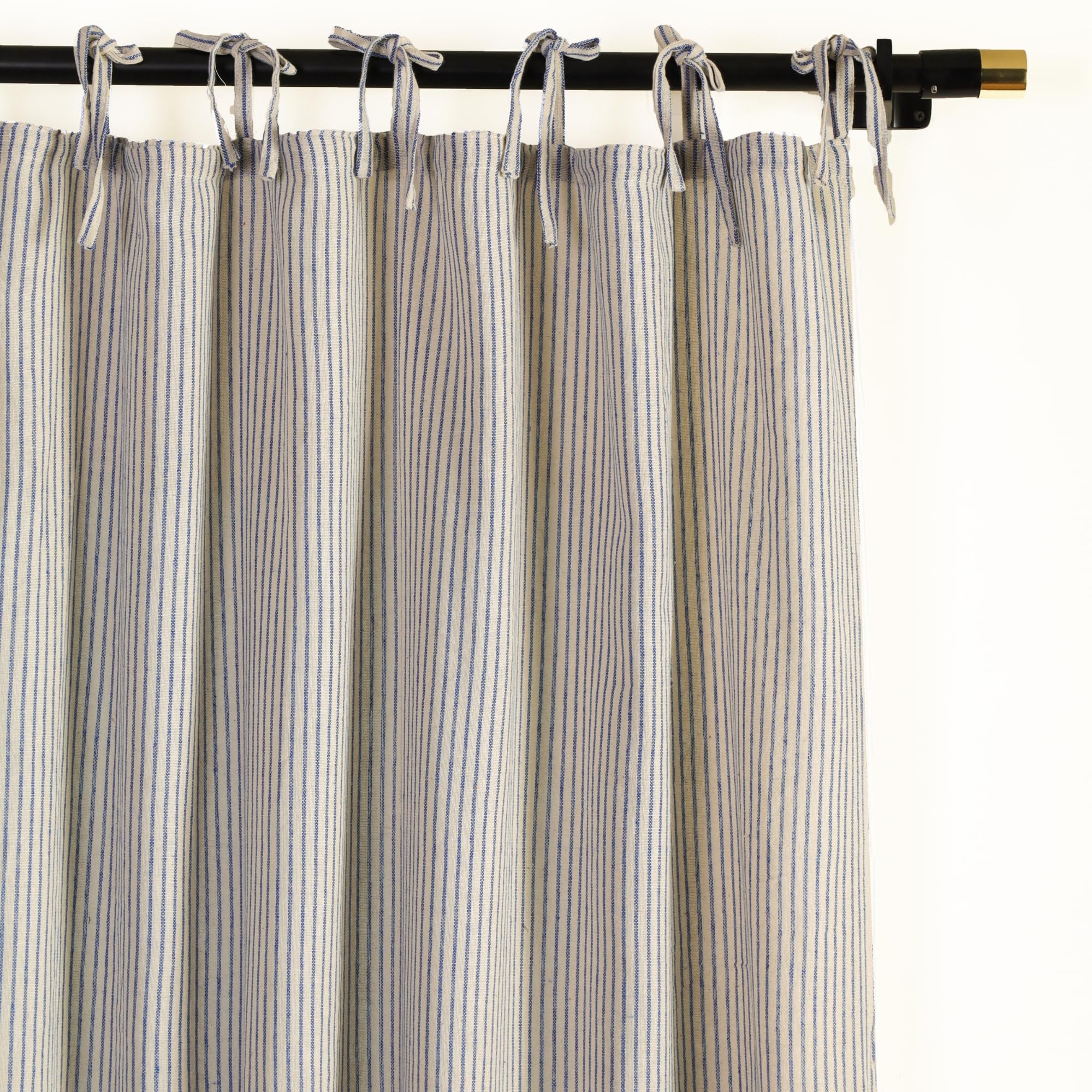 Photo 1 of THE ART BOX Natural Linen Gauze Tie Top Sheer Semi Blackout Striped Curtains for Bedroom Filtering Hanging Substitute Windows Home Décor Curtain, Blue on Beige, 2 Panel Sets, (84"x42" inch Each)