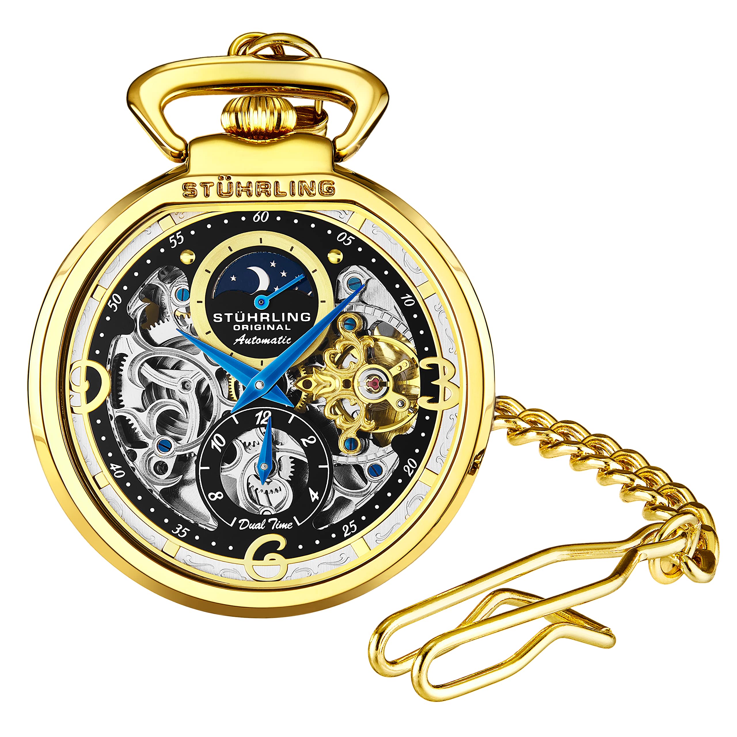 Stuhrling Orignal Mens Pocket Watch Automatic Watch Skeleton Watches for Men -Gold Pocket Watch - Mechanical Watch with Belt Clip and Stainless Steel Chain -Dual Time AM/PM Subdia