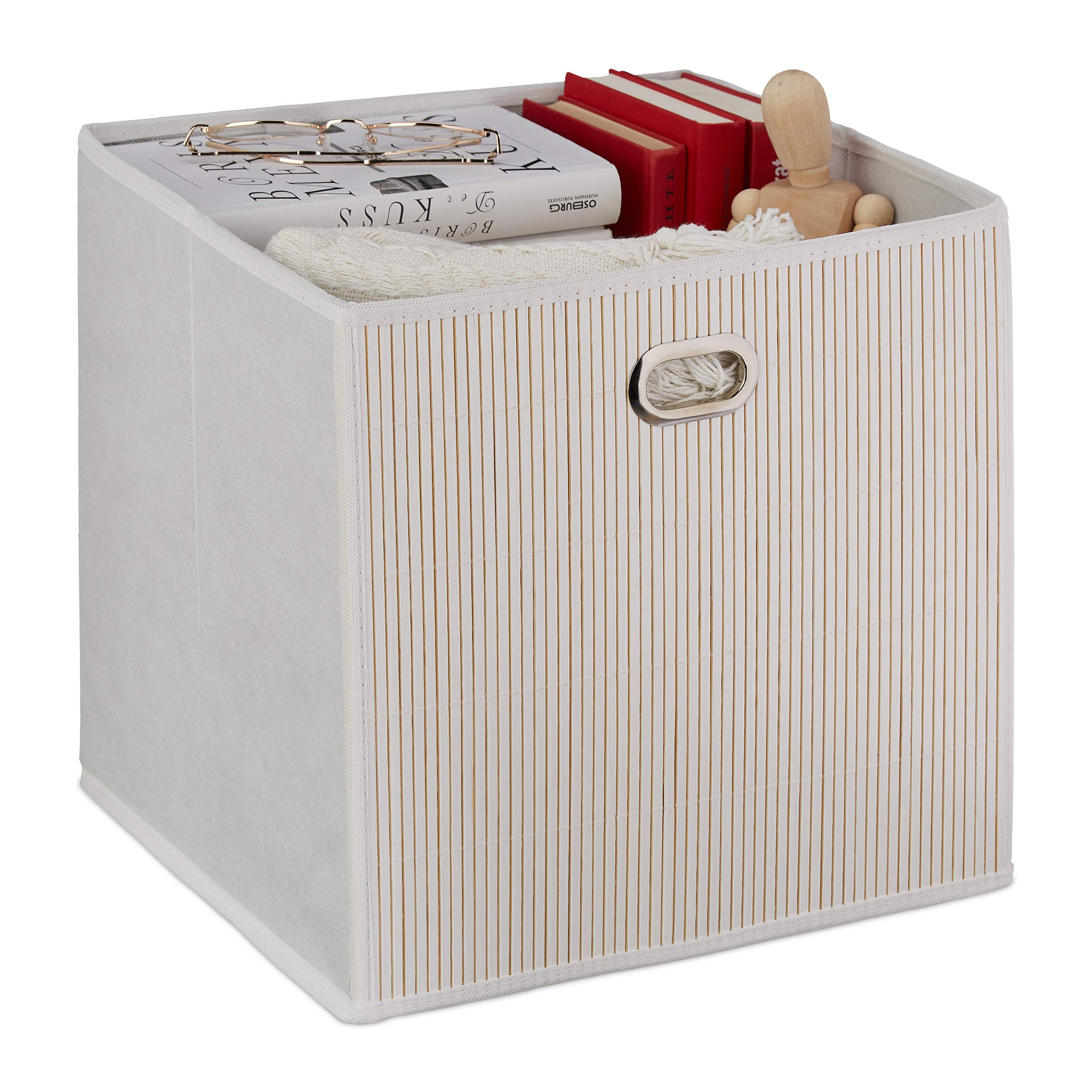 Relaxdays Bamboo Storage Basket, Bathroom & Bedroom Organiser, Cube, Tall Box, HxWxD 31 x 31 x 31 cm, Folding, White
