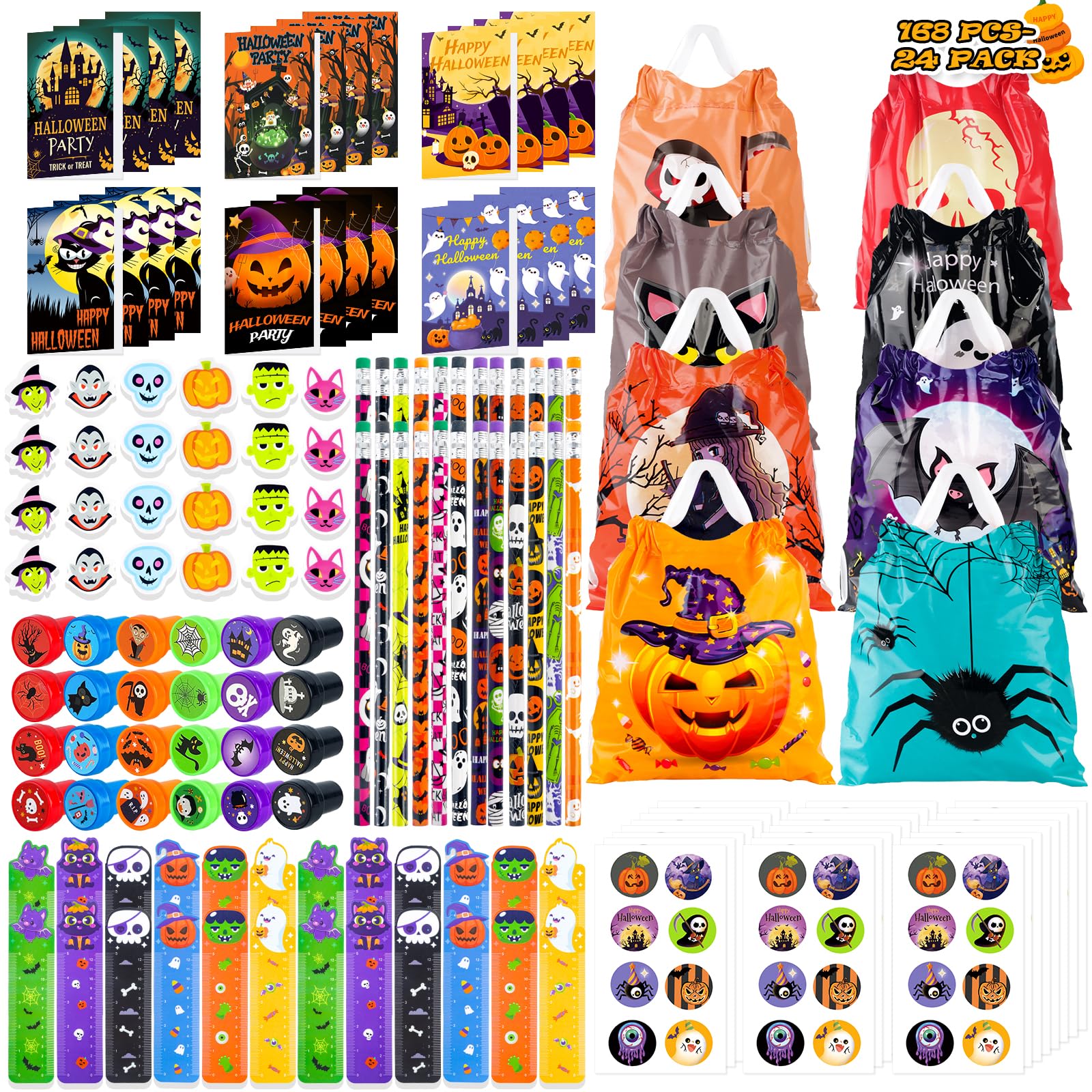Photo 1 of 168 Pcs 24 Pack Assorted Halloween Party Favors Stationery Bulk Set for Kids Classroom, Goodie Bag Fillers Incl Halloween Bags, Notepads, Stamps, Rulers, Pencils, Stickers...Trick or Treat