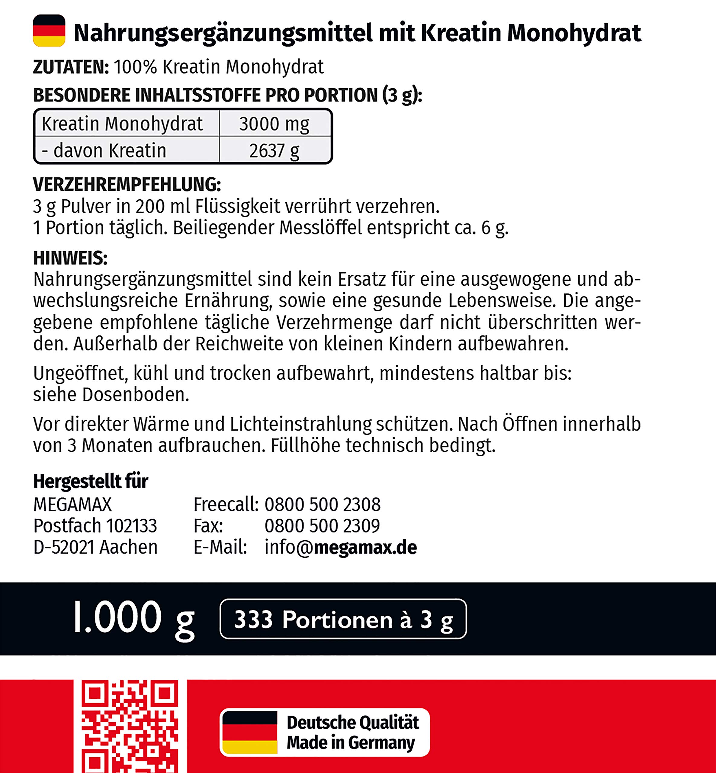 MEGAMAX Kreatin Pulver 1000 g -hochdosiert reines Creatin Monohydrat Creapure (Creapure, 1000 g) 4