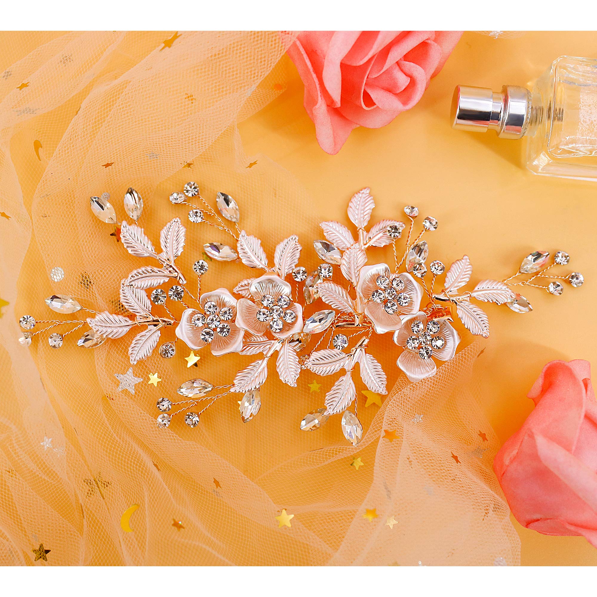 Flower Hair Clip Barrate Birthday Wedding Prom Girl Women Hair Piece Accessory, Leaf Paves, Rose Gold (Rose Gold #1)