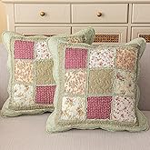 vctops Set of 2 Quilted 100% Cotton Boho Throw Pillow Covers 18" x 18" Farmhouse Country Floral Patchwork Decorative Cushion Cover, Patchwork Flower D