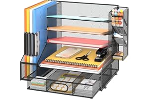 DALTACK Mesh Desk Organizer, 5-Tier Paper Letter Tray with File Holder & Pen Holder & Sliding Drawer, Desktop Organizer and Storage for Desk Accessories Office Supplies, Black