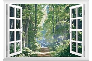 FLFK Fake Window Wall Decal - Road in the Forest Faux Window Wall Mural, Peel and Stick Wall Sticker, 24"x16"