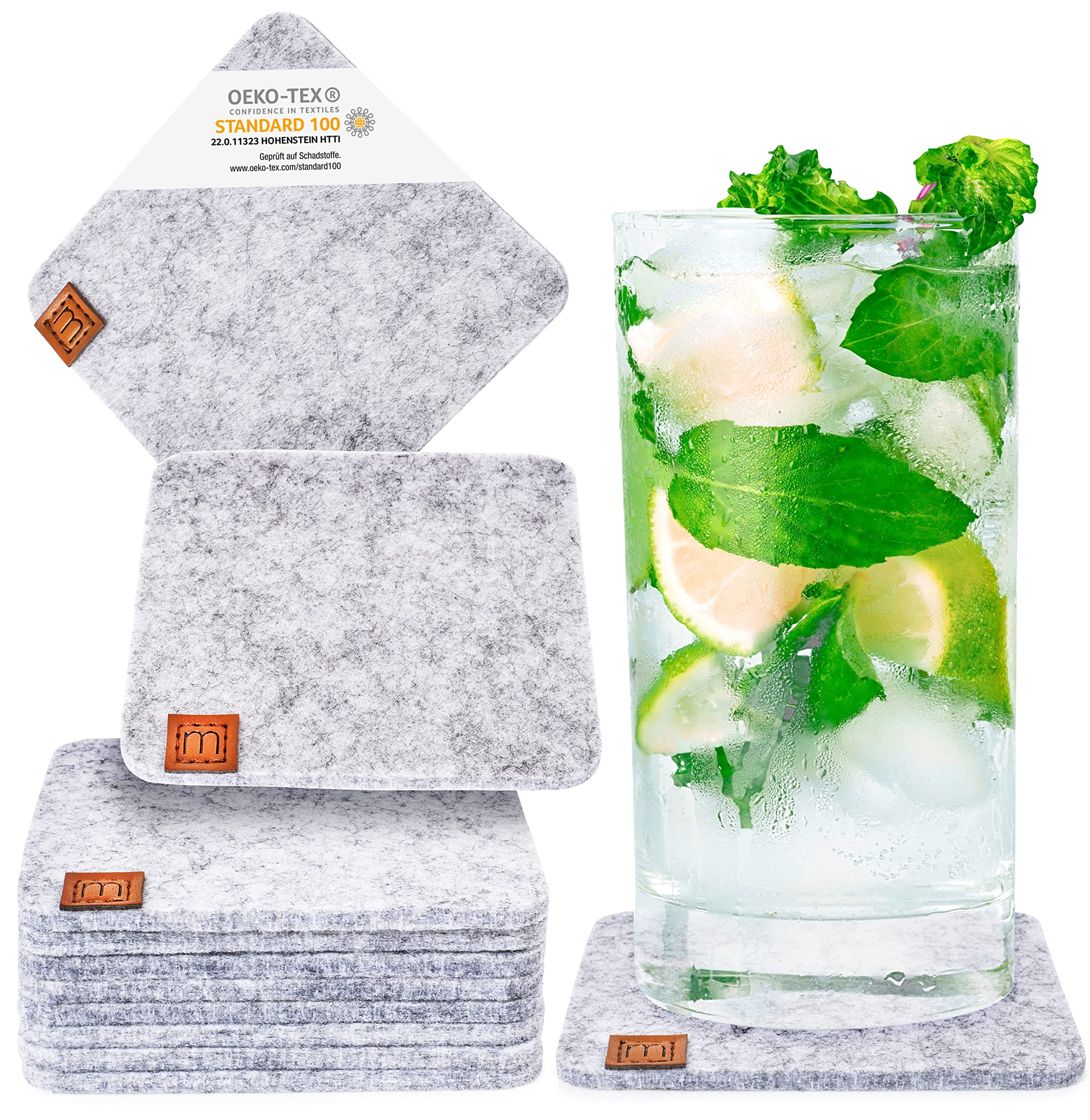 Miqio® Design Glass Coaster - Felt and Leather - Coasters Set of 10 for Drinks with Genuine Leather Appliqué - Easily Washable and Sound Absorbing Cup Mats