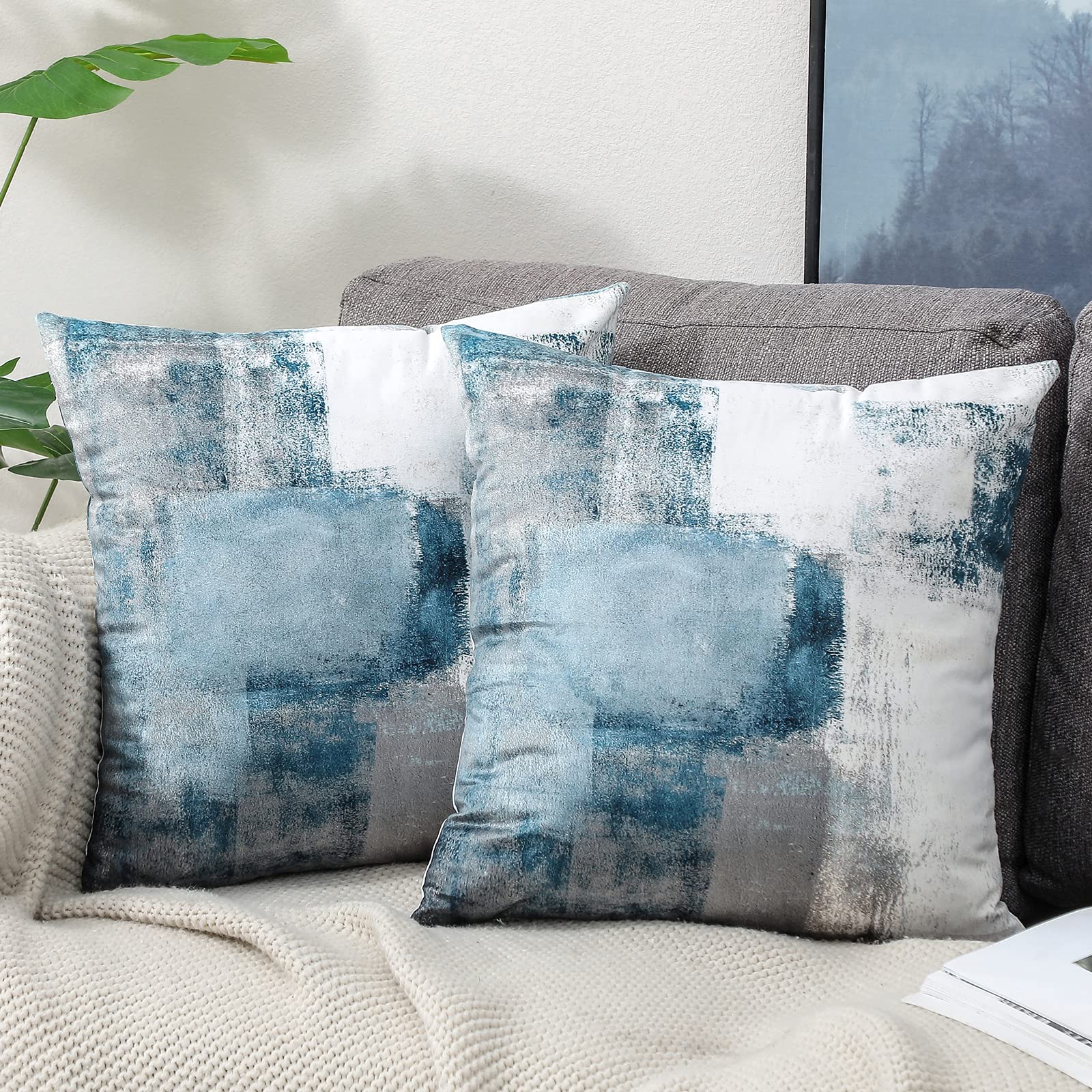 OYIMUA Set of 2 Decorative Velvet Cushion Covers 40 x 40 cm Abstract Art Decor Pillow Case Blue Grey Cushion Cover 16x16 inches for Outdoor Patio Garden Blench Living Room Sofa Farmhouse Decor