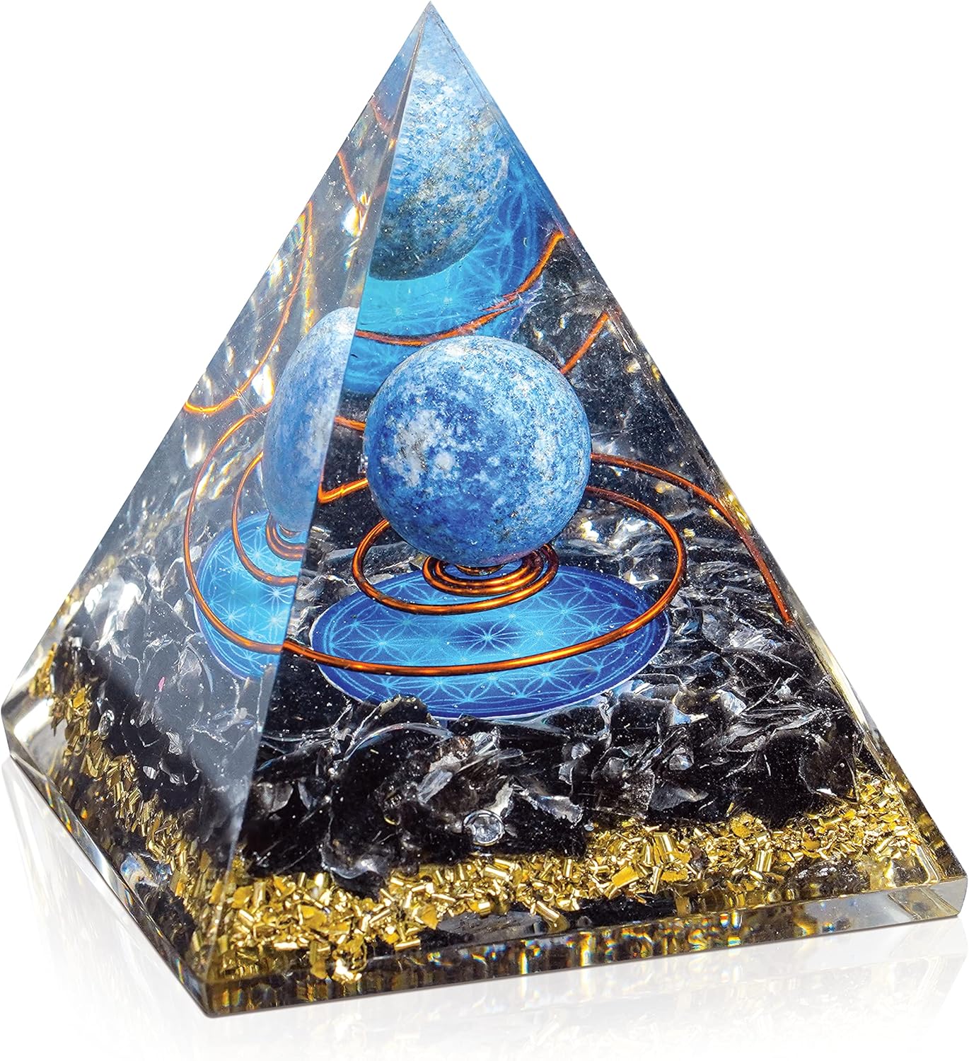 Mixed Media - Orgone Pyramid - Positive Energy Orgone Generator - Lapis Lazuli Crystal Sphere Flower of Life Orgonite Pyramid - Meditation Aids Sleep Crystal Pyramid Attract Wealth Wisdom - Spiritual Christmas Gift