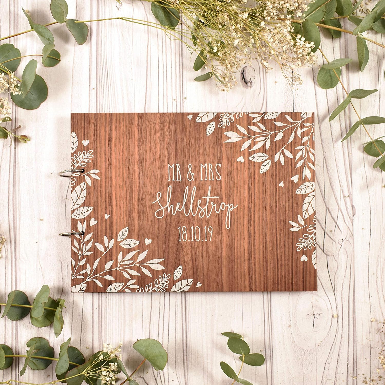 Wedding guest book personalised white leaf guestbook for weddings