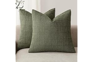 Foindtower Set of 2 Decorative Linen Check Throw Pillow Covers Neutral Farmhouse Vintage Cushion Covers Modern Boho Home Decor for Sofa Chair Couch Bedroom Living Room,20×20 Inch,Olive Green