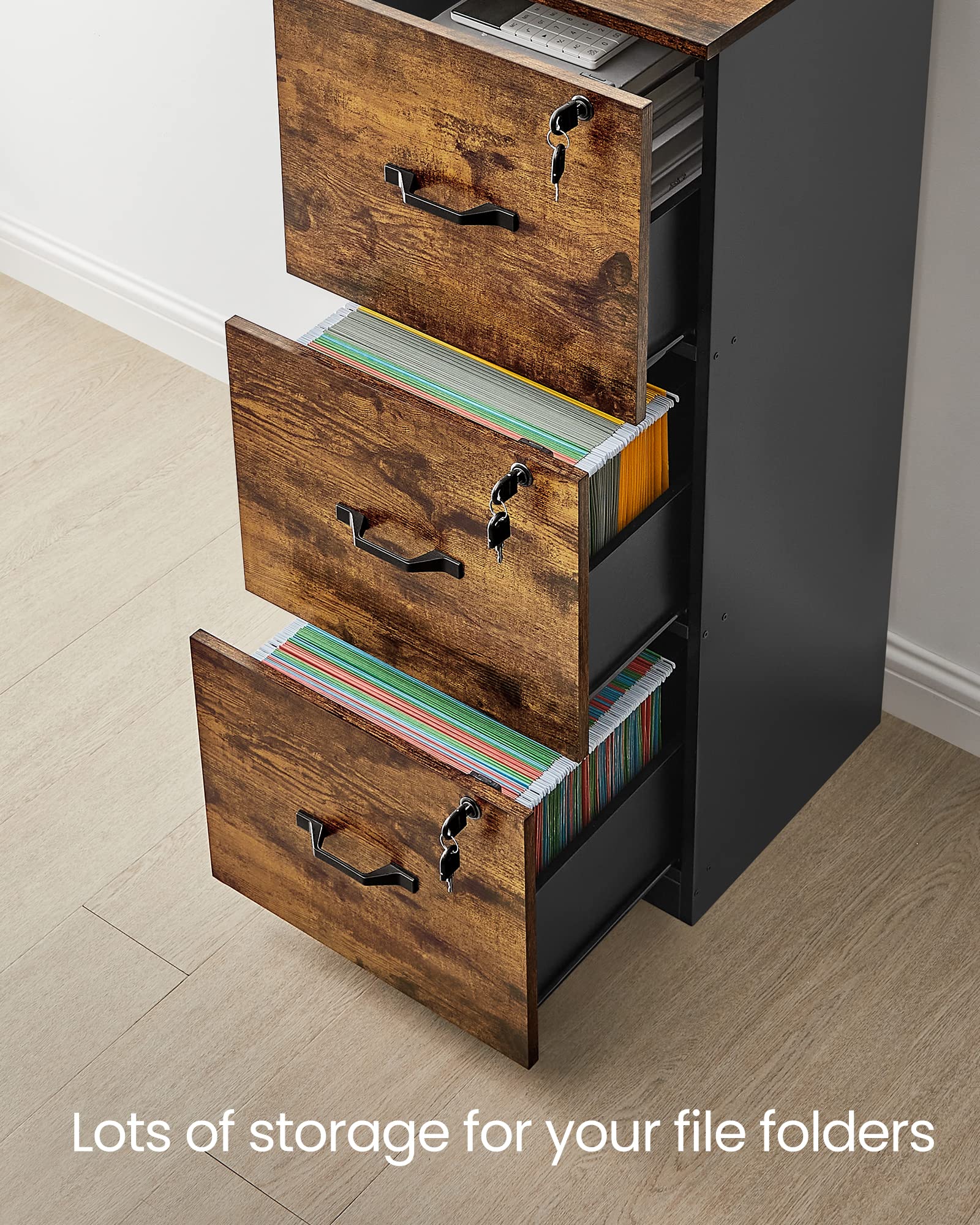 VASAGLE 3-Drawer Vertical File Cabinet, Rustic Brown and Black, for Home Office and Bedroom, A4 and Letter-Size Files, Lockable Drawers, Adjustable Hanging Rail, Printer Stand