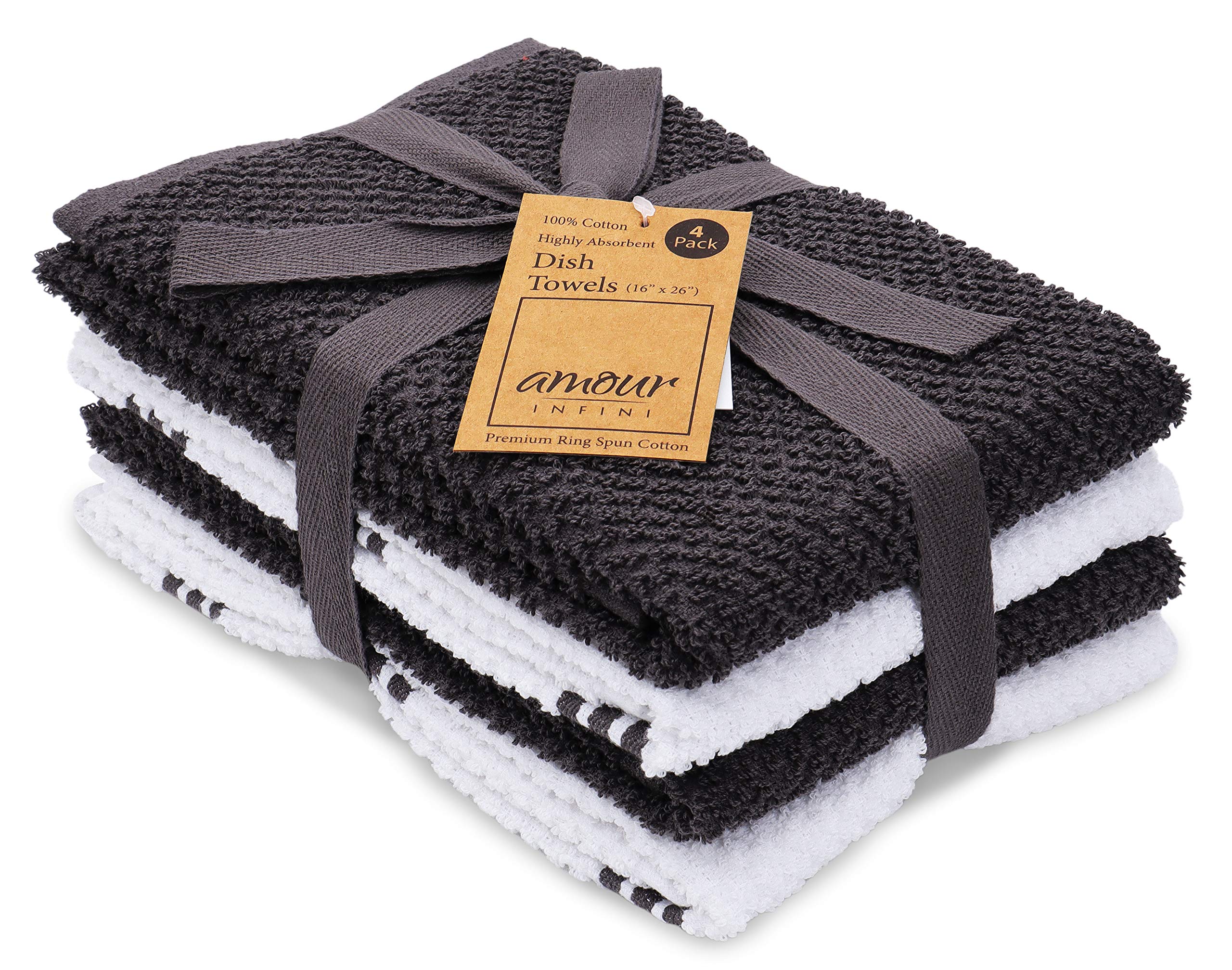AMOUR INFINI Cotton Tea Towel Kitchen Dish Towels Set of 4, 40 x 65 cm Super Soft & Absorbent Kitchen Towels 100% Terry Dish Towels for Washing Up Perfect for Household & Commercial Uses | Charcoal