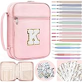 WOBAGMEN Bible Cover for Women,Pink PU Leather Personalized Bible Case with Bible Study Supplies,Including Tabs and Highlighter Set, Faith Chiristain Gift for Women Girls(Pink, K)