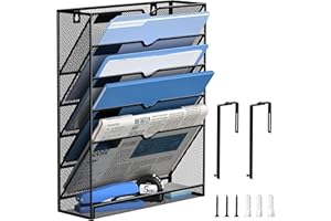 DALTACK Wall File Holder 6 Tier Hanging Wall File Organizer with Hooks, for Papers Mails Folders Clipboard Magazine Organization, for Office Home, Mesh Metal, Black