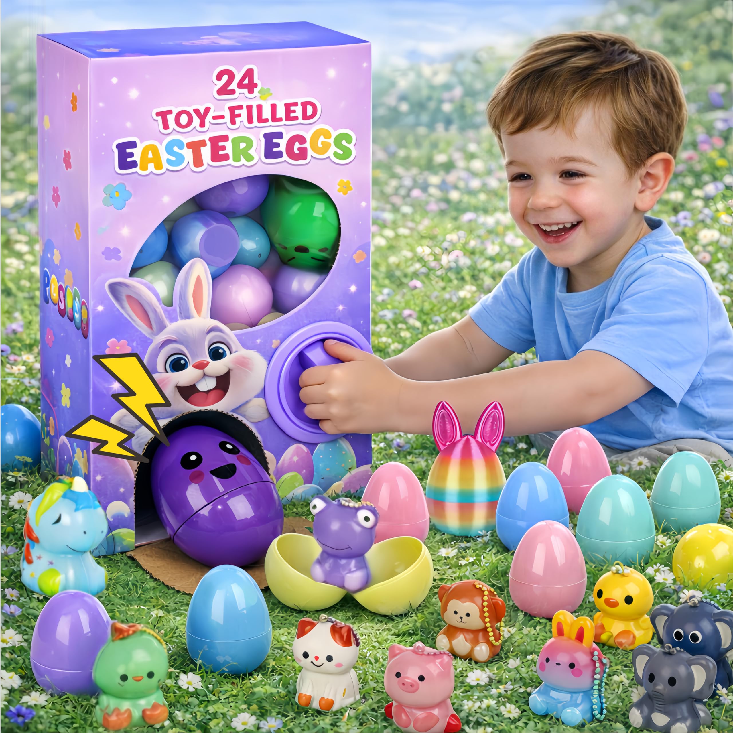 24PCS Prefilled Easter Eggs with Toys Inside - Gumball Machine Style Easter Egg Hunt Game with Mixed 3 Surprise Egg Sizes, Toy-Filled Easter Eggs for Kids, Easter Gifts, Party Favors & Basket Stuffers