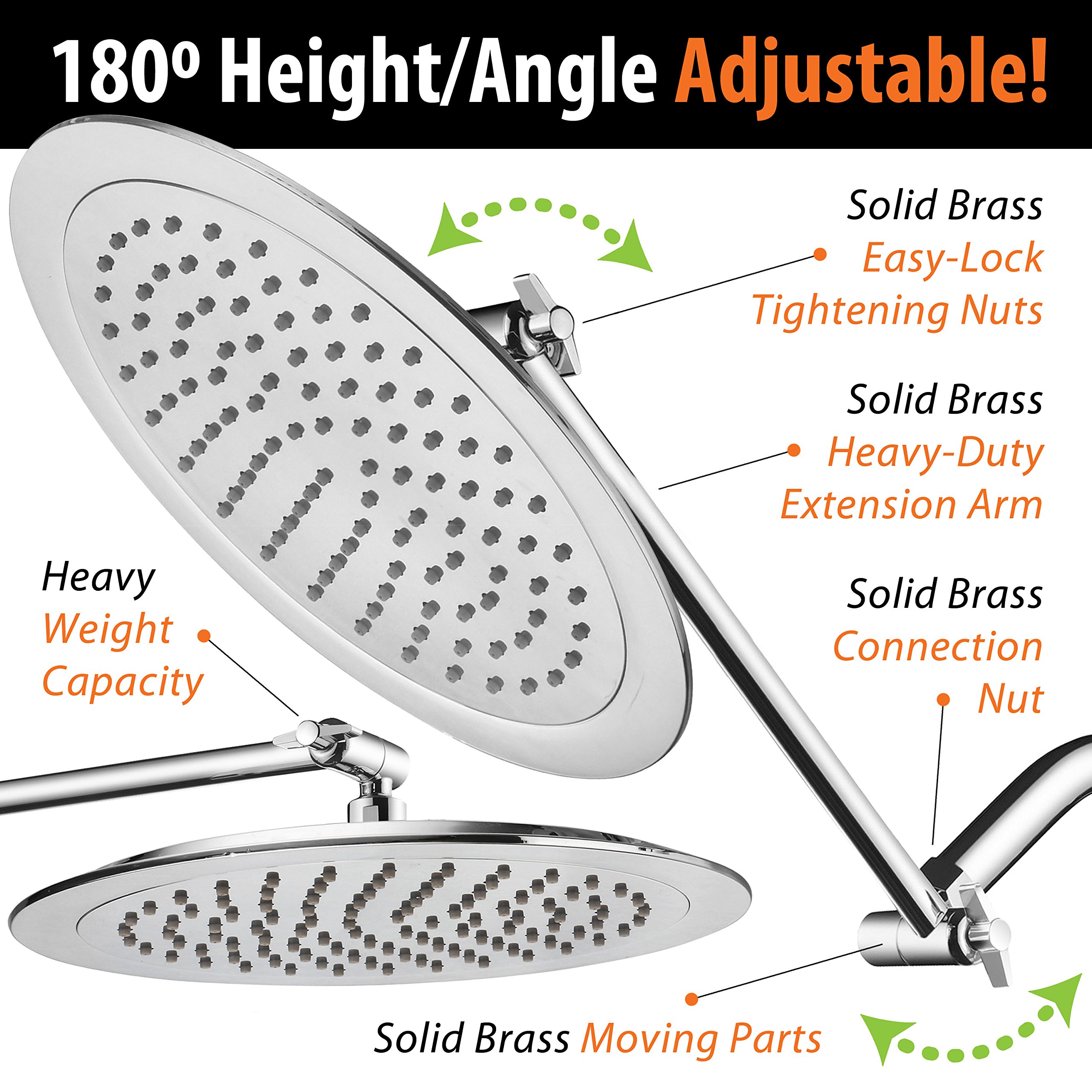 AquaSpa 9-inch Round Rain Shower Head (180 degrees Adjustable) PLUS HotelSpa 11 Inch Solid Brass Height/Angle Adjustable Extension Arm
