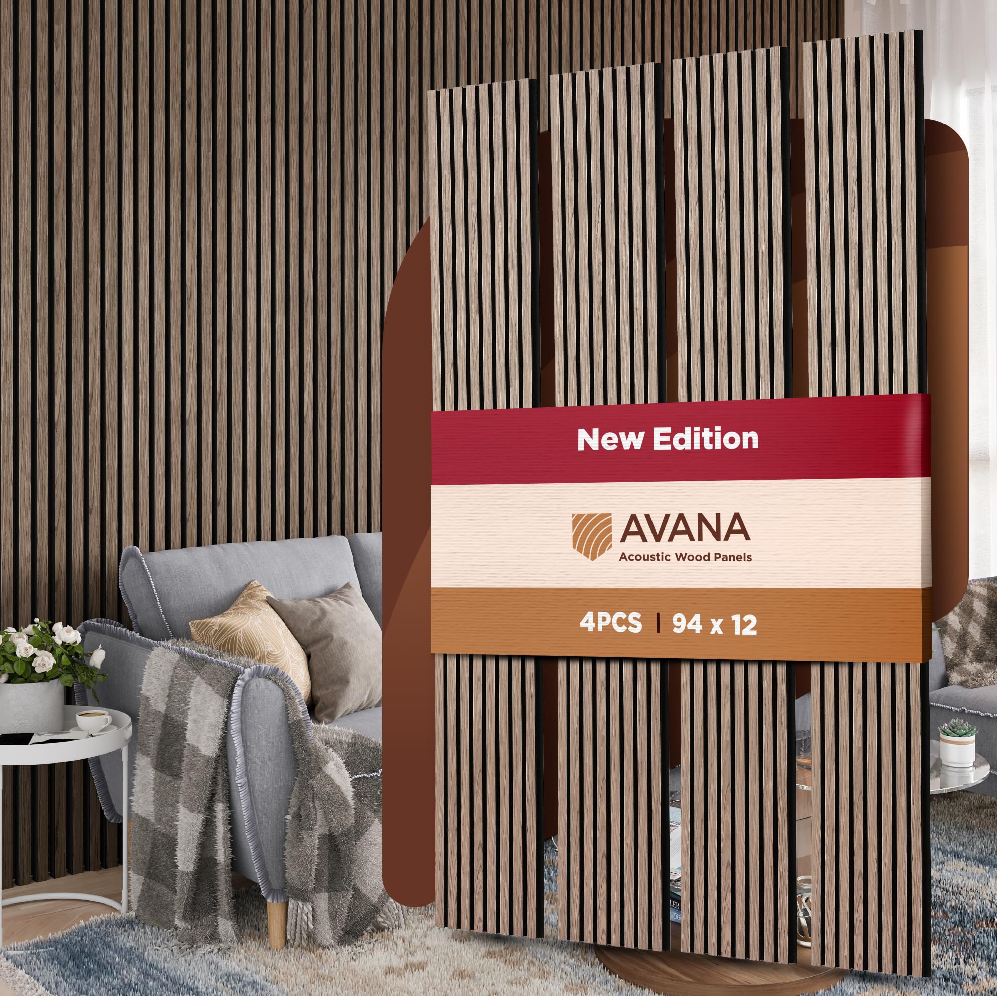 Photo 1 of Avana Acoustic Wood Wall Panels – 94.4 x 12.6 Inch Natural Walnut Acoustic Panels 4 PCs – Wall Panels For Interior Wall Decor For Homes, Offices, Studios – Pleasing Decorative Wood Panels For Wall