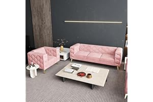 ORRD 2 Pieces Mid-Century Modern Sofa Set, Upholstered Couch Chair with Square Arms and Tufted Back, Chesterfield Velvet Sofa with Metal Buckle and Metal Legs Decor for Living Room, Office, Bedroom (Pink)