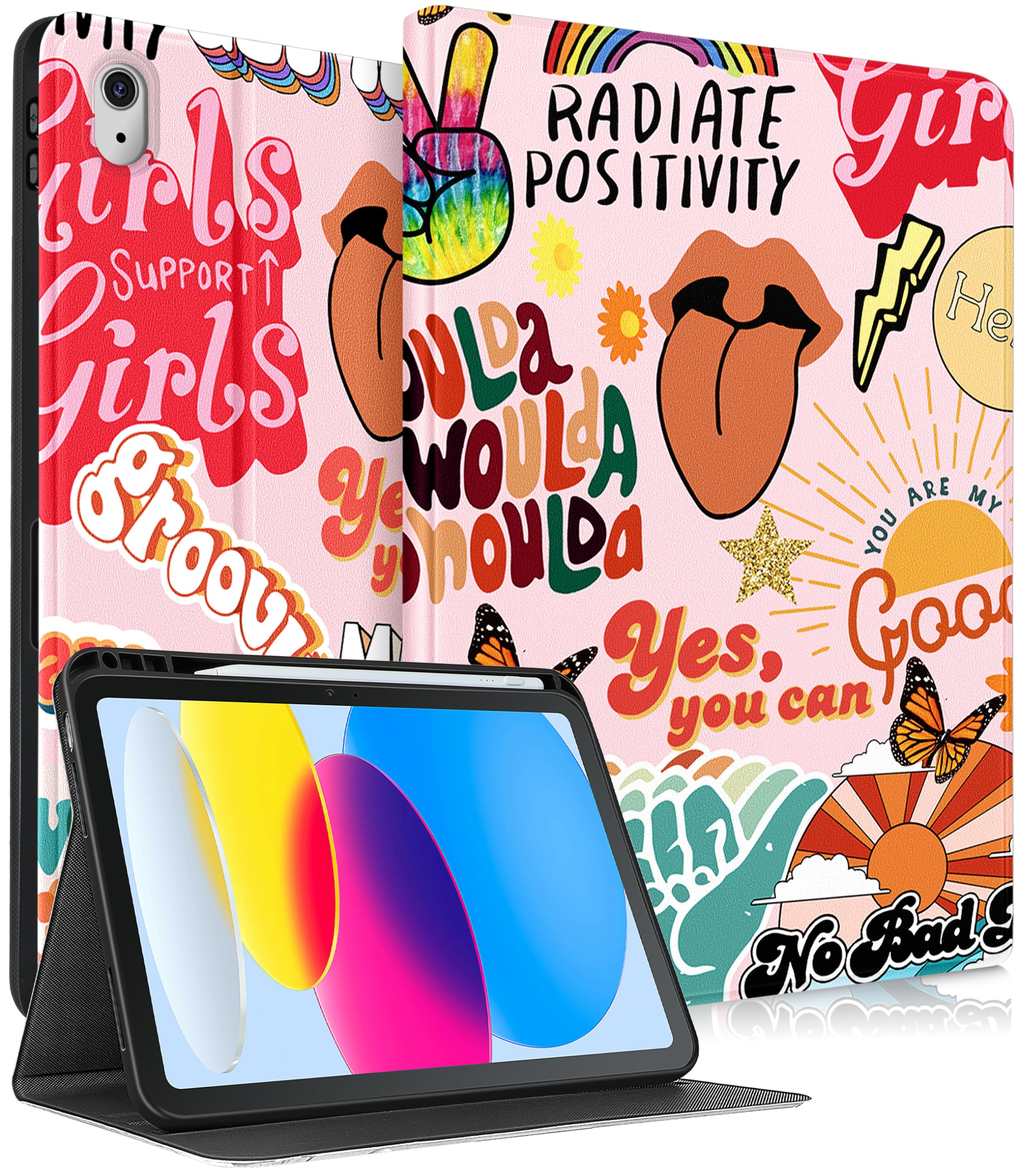 Pegmode for iPad 10th Generation Case 10.9 Inch Women Girls Cute Folio Cover Girly Cool Aesthetic Fashion Design With Pencil Holder Smart Cover for Apple iPad 10th Gen Cases 2022 A2696 A2757