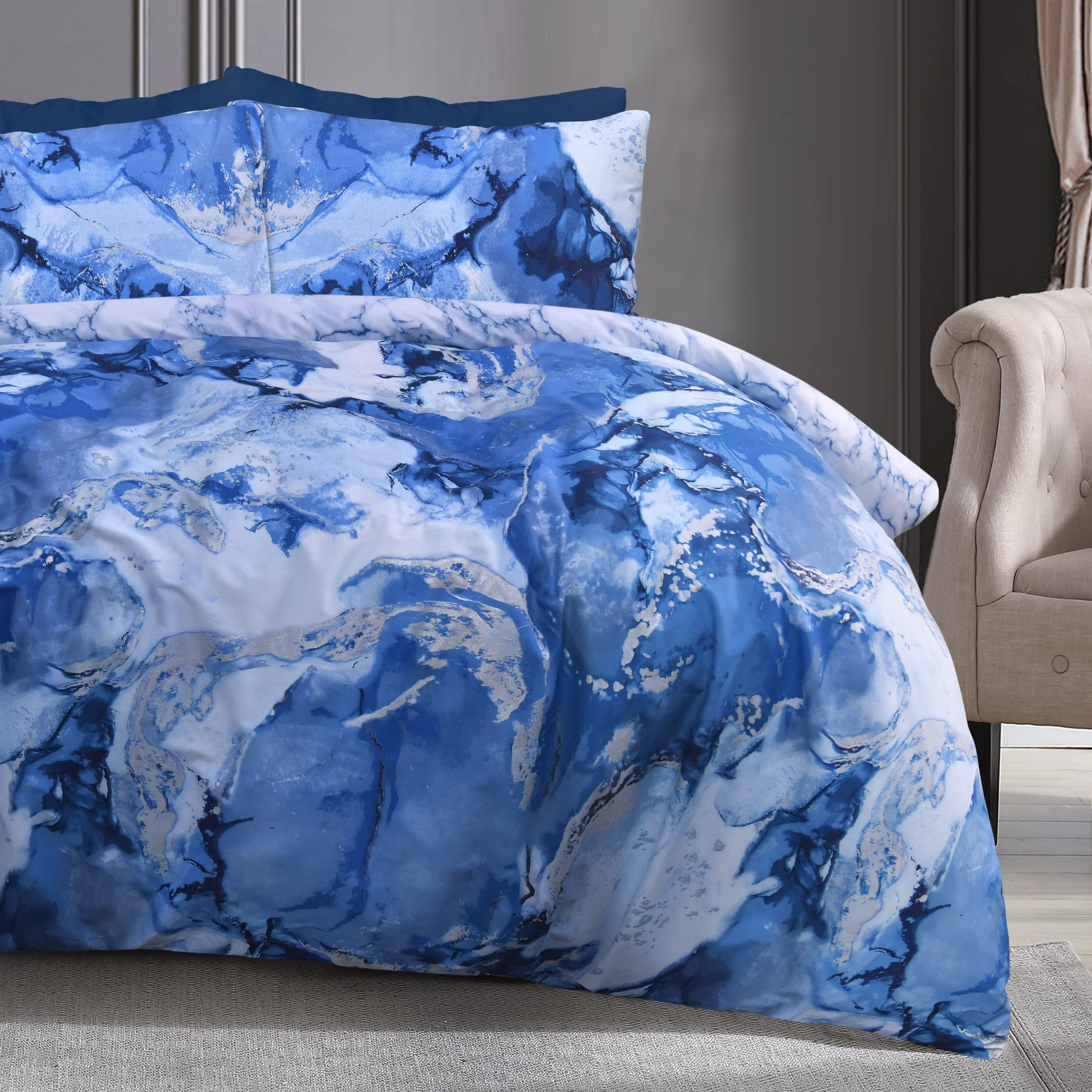 Sleepdown Metallic Marble Sparkle Glitz Blue Silver Reversible Soft Easy Care Duvet Cover Quilt Bedding Set with Pillowcases - Super King (260cm x 220cm)