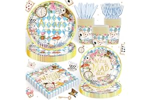 REJOICE BUNNY 120PCS Wonderland Themed Party Supplies for Girls Kids Birthday Party Decorations Tea Party Tableware Set Plates Napkin Cups Set for 20 Guests