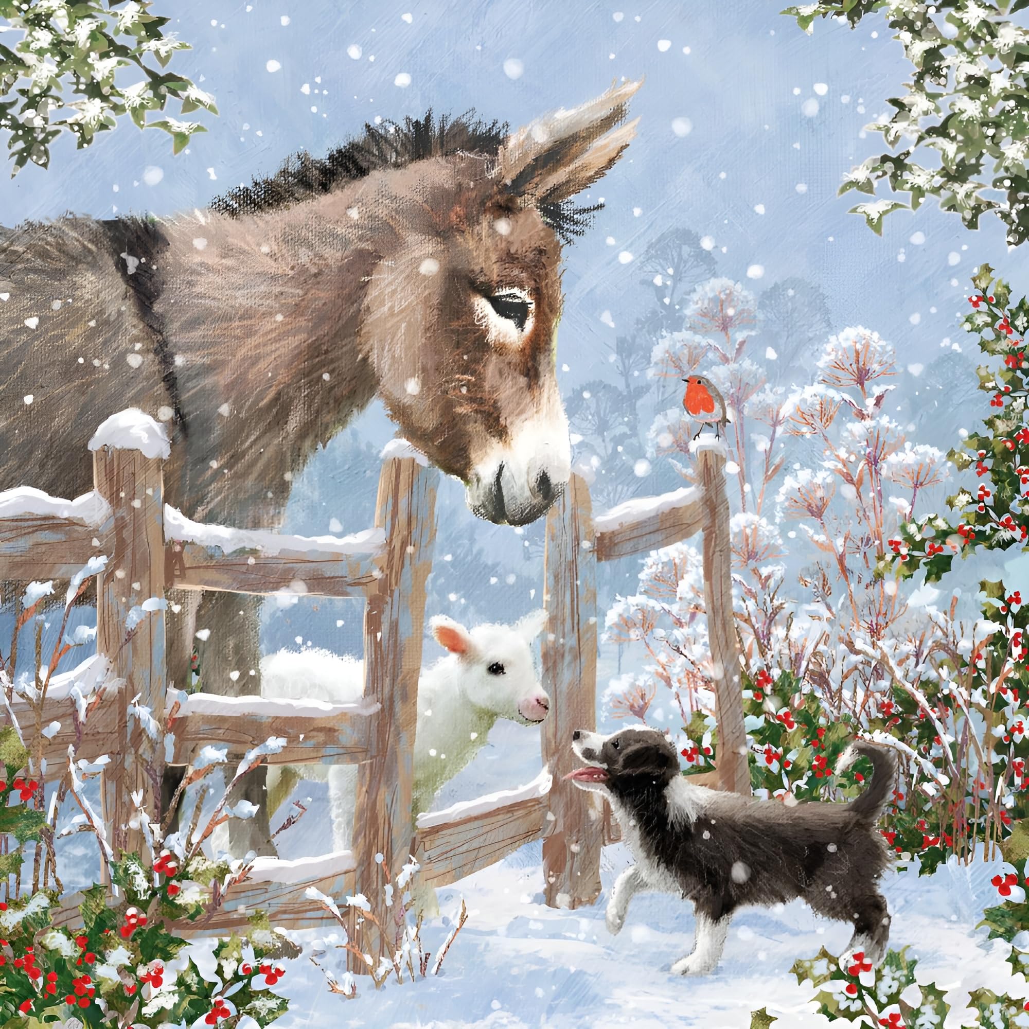 Museums & Galleries Charity Christmas Cards Pack of 8 - Festive Donkey & Friends in the Snow - Premium Greeting Cards Multipack with Envelopes - Supporting Macmillan Cancer Support